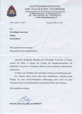 Komenda Gl�wna Panstwowej Strazy Pozarnej, Warszawa, Polen_Brief_1