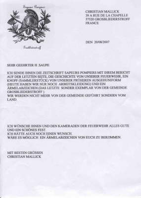Sapeurs Pompiers Grosbliederstroff, Frankreich_Brief